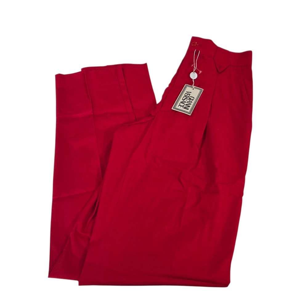 NWT Gianni Versace Straight‎ Pants Womens Red S Pleated Cotton Canvas High Rise